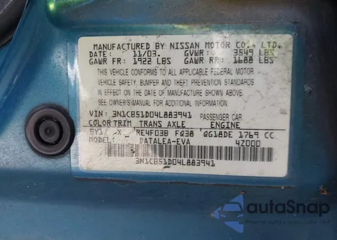 2004 Nissan Sentra 1.8S z USA, uszkodzony, nr VIN 3N1CB51D04L883941